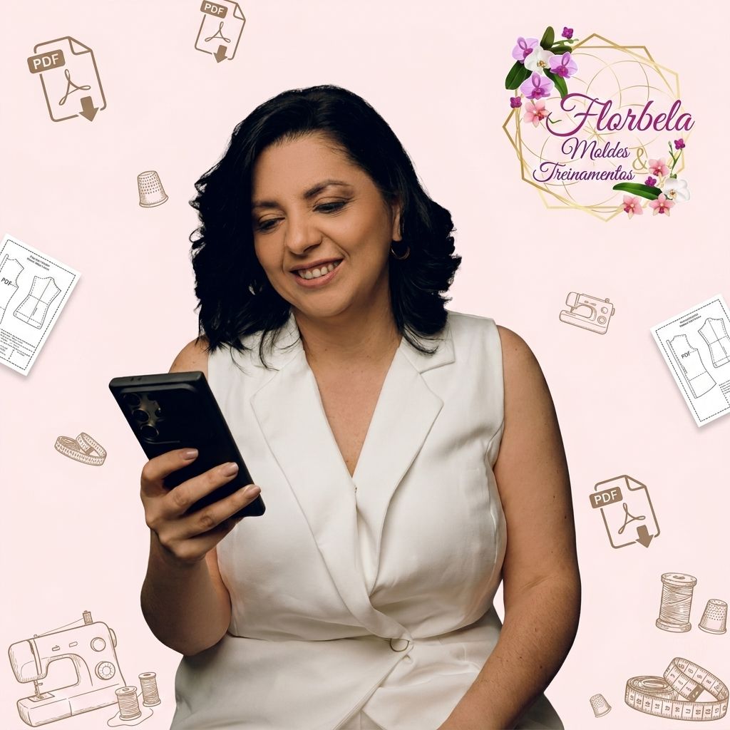 Moldes de costura, fita métrica e tesoura sobre fundo rosa